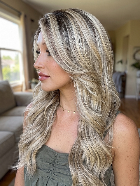 Glamvigor Hybrillia™ Blend Human Hair Blonde Blend with face-framing layers and soft wavy Lace Part Wig GLP036