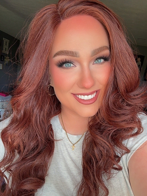 Vibrant Medium Red and Auburn blend loose wavy layered Synthetic Lace Part Wig GLP026