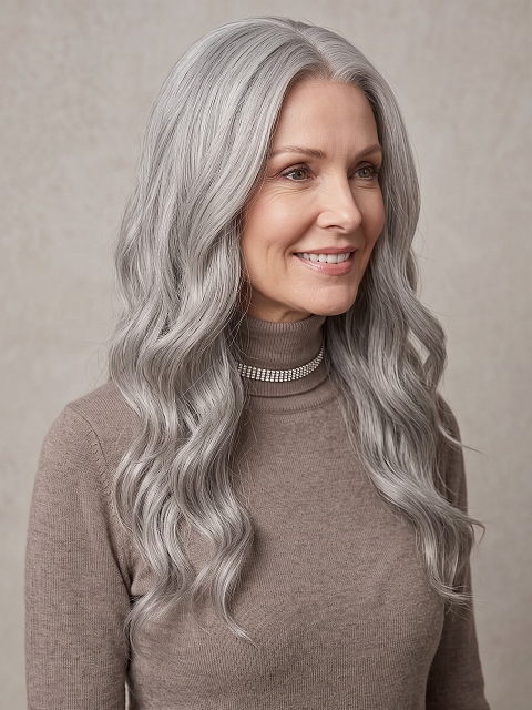 Glamvigor Hybrillia Blend Human Hair Exquisite grey wavy long-length  Lace Part Wig GLP013