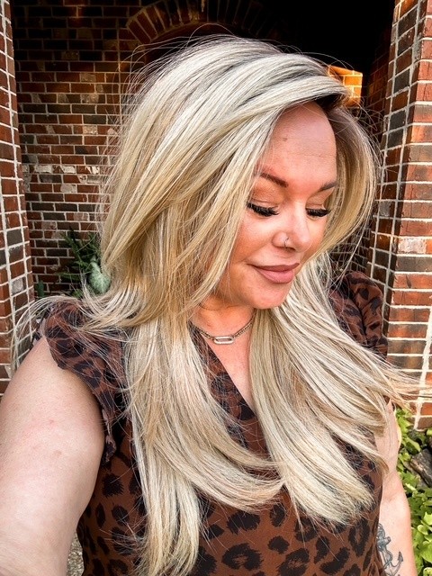 Trendy blonde ombre with gold highlights Straight  with side bangs Synthetic Lace Part Wig GLP008