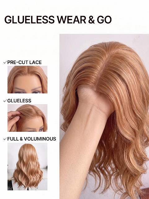 Glamvigor Hybrillia Blend Human Hair Blonde Blended mixed Golden with loose wavy side bangs PRE-CUT Lace Part Wig GLP075