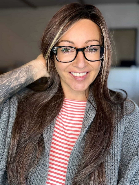 Glamvigor Hybrillia™ Blend Human Hair Beige Blonde and Auburn Blended with Medium Brown Roots  long layered glamorous  Lace SIDE Part  wig glp042