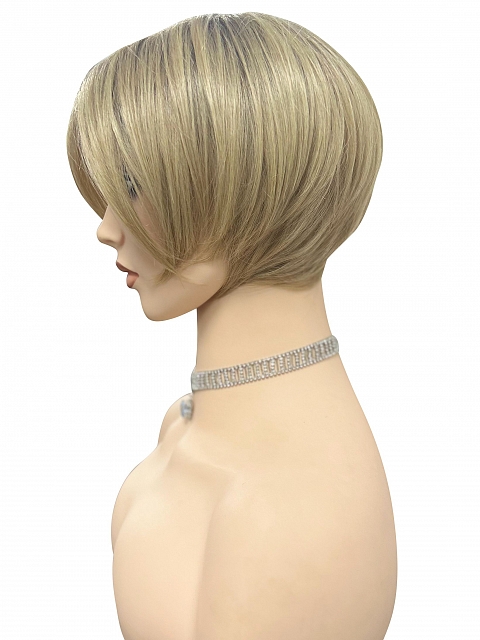 Glamvigor Hybrillia™ Blend Human Hair Light Ash Blonde Evenly Blended with Cool Platinum Blonde with Dark Roots multi-layered crop Wig (Basic Cap) GBC019