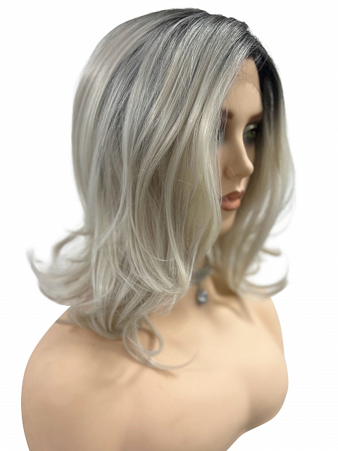 Ombre Silver White Wavy with side bangs Synthetic Lace Part Wig GLP047
