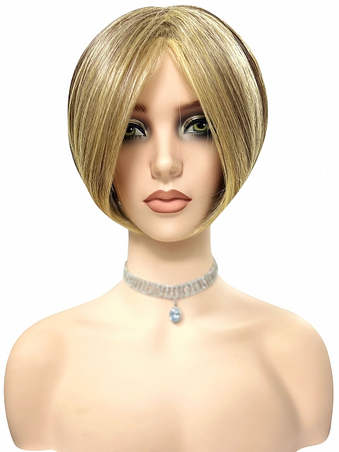 Glamvigor Hybrillia™ Blend Human Hair  Medium Light Brown Evenly Blended with Medium Golden Blonde modern bob Wig (Basic Cap) GBC015