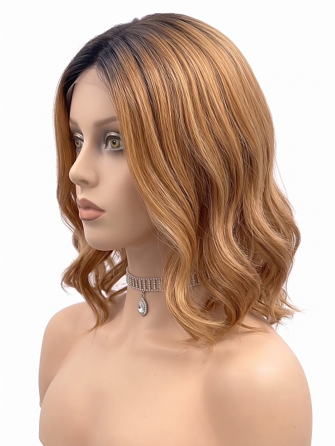 Glamvigor Hybrillia Blend Human Hair Fashion Ginger Blonde with Dark Roots Falling below the shoulders gentle wavy Lace Part Wig GLP019