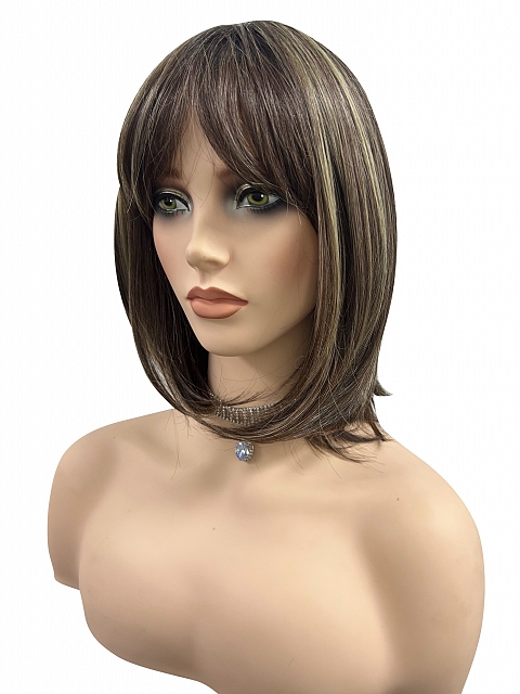 Natural soft brunette with highlights shoulder-length bob  with bangs synthetic Lace Part  wig glp038