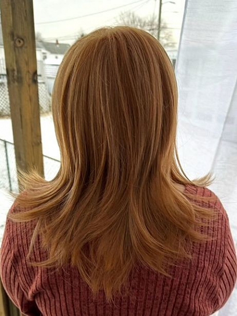 Pretty Ginger Brown with Golden Highlights Mid-Length Straight with bangs Synthetic Wig (Basic Cap) GBC009