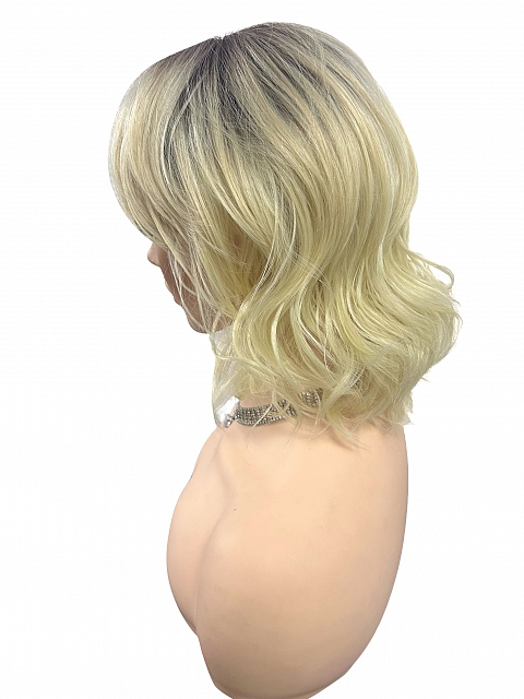 Glamvigor Hybrillia™ Blend Human Hair blonde ombre shoulder-length style with textured waves and a wispy fringe Lace Part wig GLP069