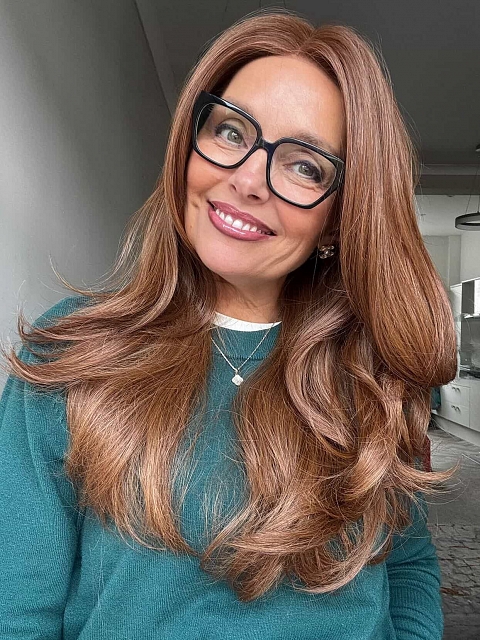 Glamvigor Hybrillia™ Blend Human Hair Ginger copper with light copper highlights long cascading style Lace Part Wig GLP058