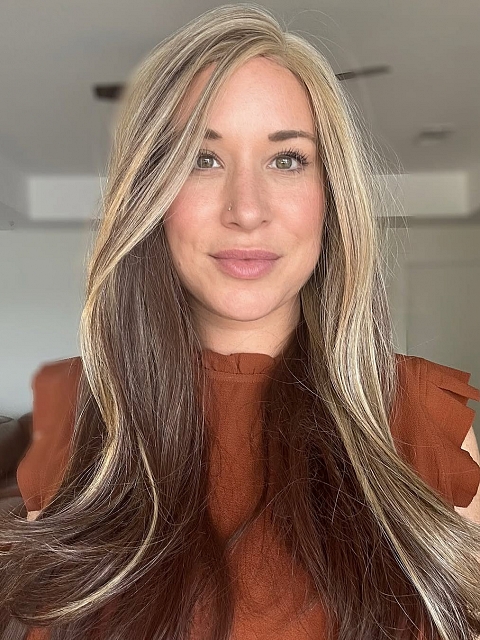 Warm Brown mixed Blonde long straight layered Synthetic Lace Part Wig GLP002