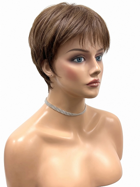 Glamvigor Hybrillia Blend Human Hair Classic Warm Brown Short Pixie with bangs Mono Top Wig GMT003