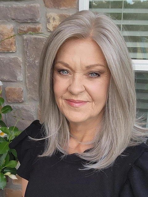Glamvigor Hybrillia™ Blend Human Hair Luxury Light Brown with 75% Grey Blend with Soft White Tips shoulder length  Mono TOP Wig GMT002