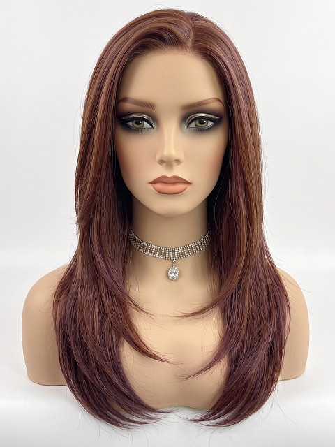 Glamvigor Hybrillia™ Blend Human Hair Dark Auburn Blend with Dark Brown  long layered  PRE-CUT Lace Part  Wig GLP071