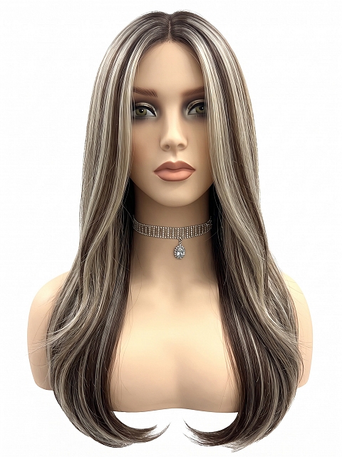 Glamvigor Hybrillia Blend Human Hair Warm Brown mixed Blonde long straight layered Lace Part Wig GLP002
