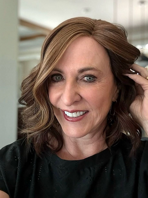 Glamvigor Hybrillia™ Blend Human Hair Brown with Medium Red-Gold Blonde Highlights  carefree wavy layered Lace Part Wig GLP044