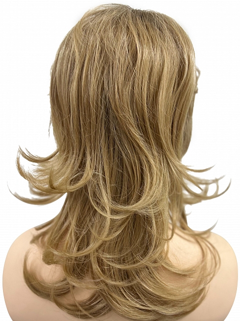 Dark Blonde Evenly Blended with Pale Blonde Highlights and Dark Roots mid-length shag with layered Synthetic Wig (Basic Cap) GBC020
