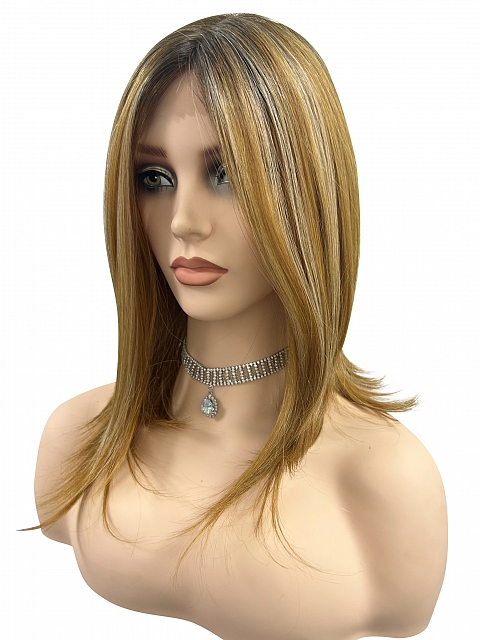 Dark Blonde Evenly Blended with Medium Golden Blonde  shoulder-length layered Straight synthetic Lace Part  wig glp040
