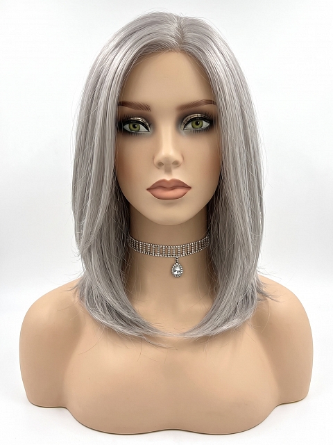 Glamvigor Hybrillia Blend Human Hair Luxury Light Brown with 75% Grey Blend with Soft White Tips shoulder length  Mono TOP Wig GMT002