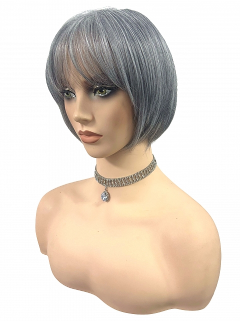 Glamvigor Hybrillia™ Blend Human Hair Perfect 80% black mixed 20% white Blended chin length bob with full bangs  Wig (Basic Cap) GBC024