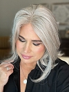 Glamvigor Hybrillia™ Blend Human Hair Luxury Light Brown with 75% Grey Blend with Soft White Tips shoulder length  Mono TOP Wig GMT002