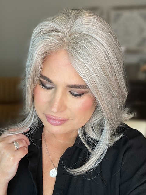 Glamvigor Hybrillia™ Blend Human Hair Luxury Light Brown with 75% Grey Blend with Soft White Tips shoulder length  Mono TOP Wig GMT002