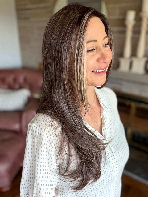 Glamvigor Hybrillia™ Blend Human Hair Beige Blonde and Auburn Blended with Medium Brown Roots long layered glamorous Lace Part wig glp042