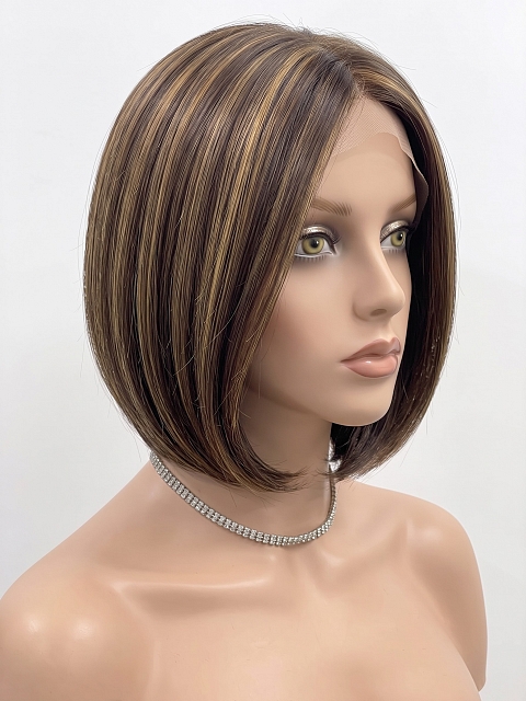 Glamvigor Hybrillia Blend Human Hair Stunning Medium Brown With Ginger Red Highlights medium bob haircut  Mono TOP Wig GMT005