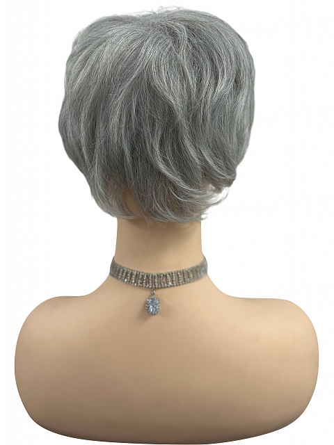 Light Gray with 20% Medium Brown Evenly Blended with Pure White short, barely waved layered  Synthetic Wig (Basic Cap) GBC022