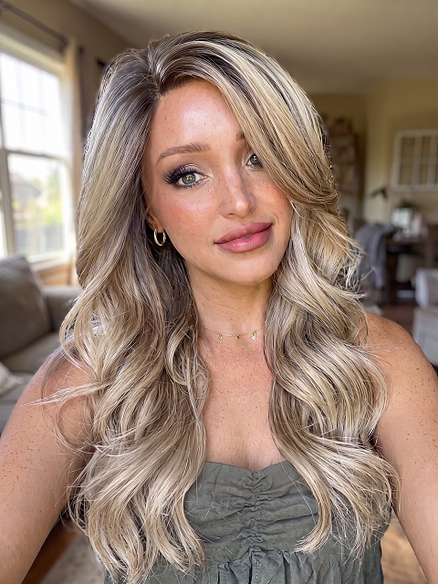 Glamvigor Hybrillia™ Blend Human Hair Blonde Blend with face-framing layers and soft wavy Lace Part Wig GLP036