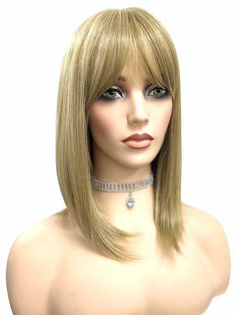 Trendy Ash Blonde mid-length with full wispy bangs Synthetic Lace Part Wig glp034