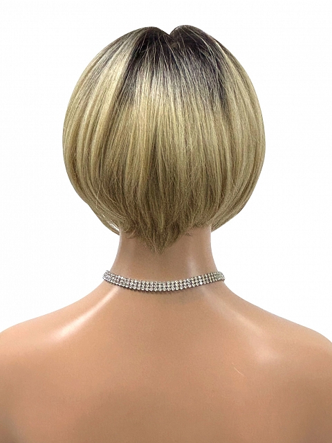 Brown Roots layered on top of Light Blonde short bob Synthetic Wig (Basic Cap) GBC008