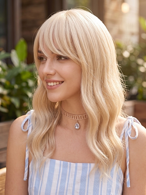 Glamvigor Hybrillia Blend Human Hair blonde wavy with Bangs Lace Part Wig GLP083
