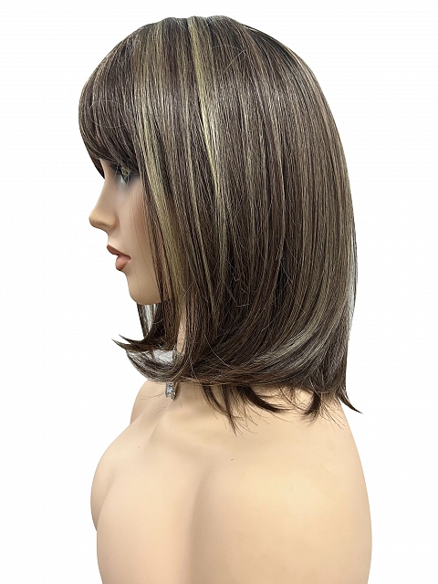 Natural soft brunette with highlights shoulder-length bob  with bangs synthetic Lace Part  wig glp038