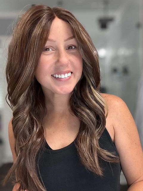 Gorgeous Brown with Light Honey Blonde Highlights and Dark Roots long bouncy barrel wavy  Synthetic Lace Part Wig GLP015
