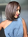 Natural soft brunette with highlights shoulder-length bob  with bangs synthetic Lace Part  wig glp038