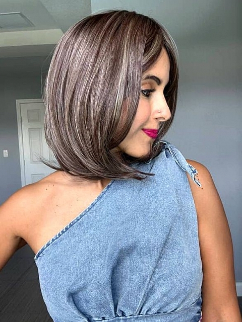 Natural soft brunette with highlights shoulder-length bob  with bangs synthetic Lace Part  wig glp038