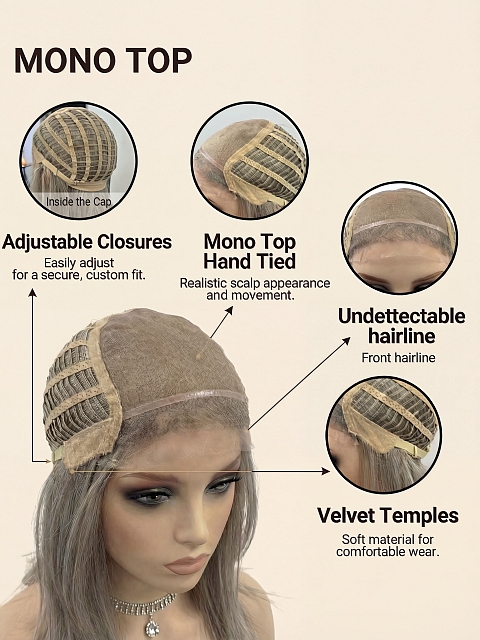 Glamvigor Hybrillia™ Blend Human Hair Radiant  Dark Brown with Blonde Highlights bob style Mono TOP Wig GMT007