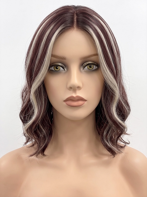 Glamvigor Hybrillia Blend Human Hair Trendy Auburn with  Cool Platinum Blonde Highlights wavy  Lace Part Wig GLP006
