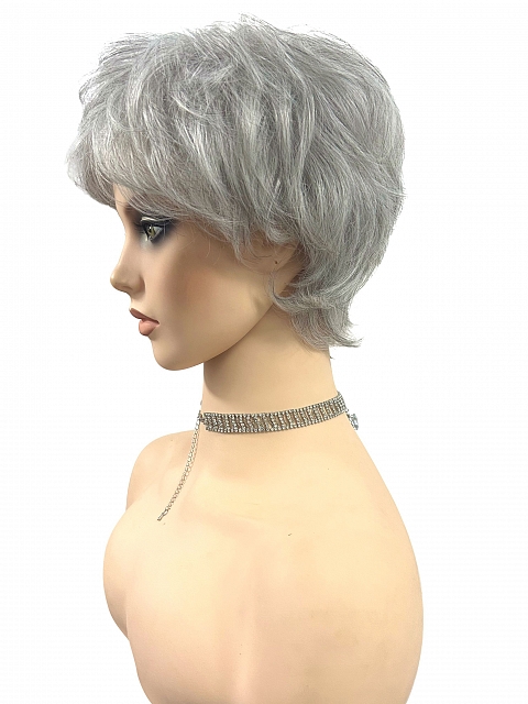 Glamvigor Hybrillia™ Blend Human Hair Light Gray with 20% Medium Brown Evenly Blended with Pure White short, barely waved layered  Wig (Basic Cap) GBC022