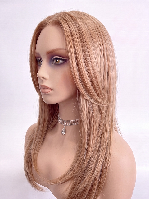 Glamvigor Hybrillia™ Blend Human Hair Auburn Blended mixed Beige Blonde with side bangs  PRE-CUT Lace Part Wig GLP072
