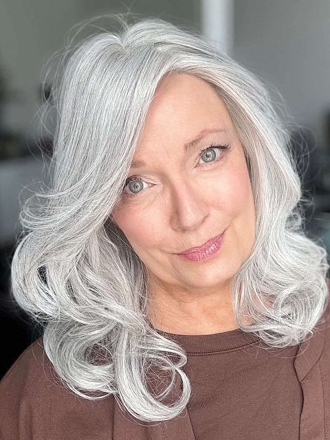 Glamvigor Hybrillia™ Blend Human Hair Silver grey layed wavy with side bangs Lace Part Wig GLP049