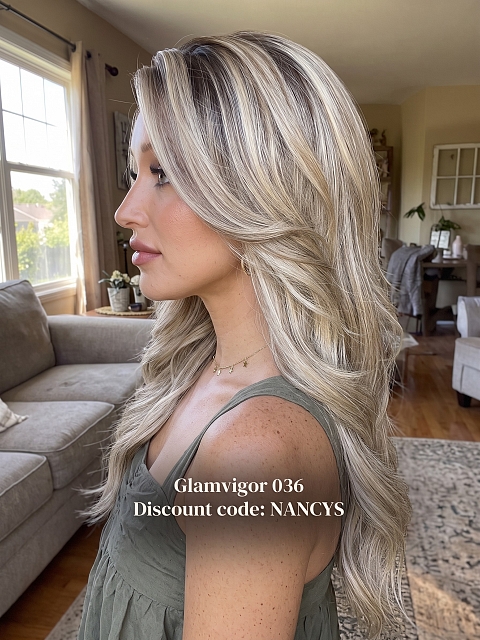 Glamvigor Hybrillia Blend Human Hair Blonde Blend with face-framing layers and soft wavy Lace Part Wig GLP036