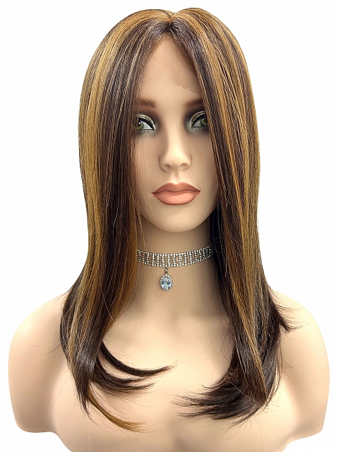 Captivating  Warm Medium Brown Evenly Blended with Medium Golden Blonde Long Straight Synthetic Lace Part Wig GLP023