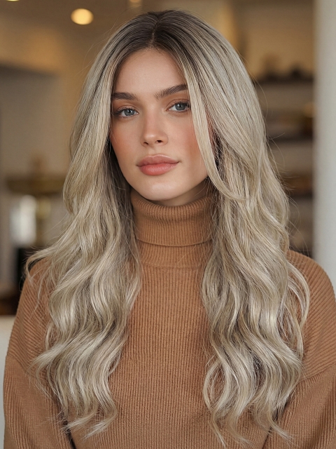 Glamvigor Hybrillia™ Blend Human Hair  Light Platinum Ombre Long Layered Wavy  Lace Part Wig GLP065