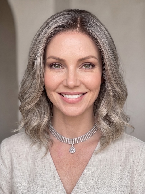 Glamvigor Hybrillia™ Blend Human Hair  Light Natural Blonde Blend with dark roots shoulder-length wavy Lace Part Wig GLP068