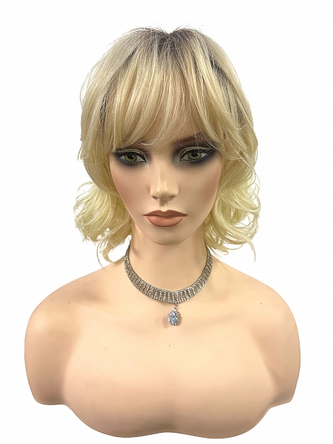 Glamvigor Hybrillia™ Blend Human Hair blonde ombre shoulder-length style with textured waves and a wispy fringe Lace Part wig GLP069