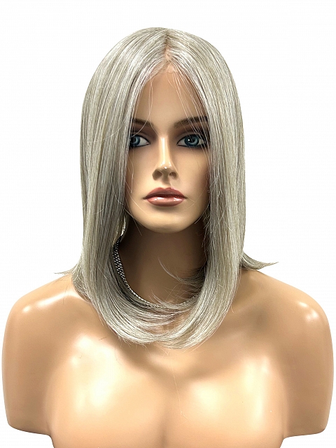 Luxury Light Brown with 75% Grey Blend with Soft White Tips shoulder length Synthetic Mono TOP Wig GMT002