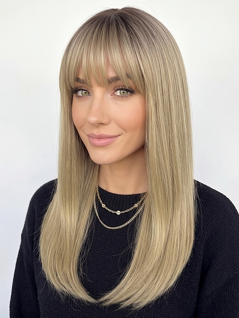 Glamvigor Hybrillia Blend Human Hair Elegantblonde ombre with FULL bangs long staright Lace  Wig GLP061