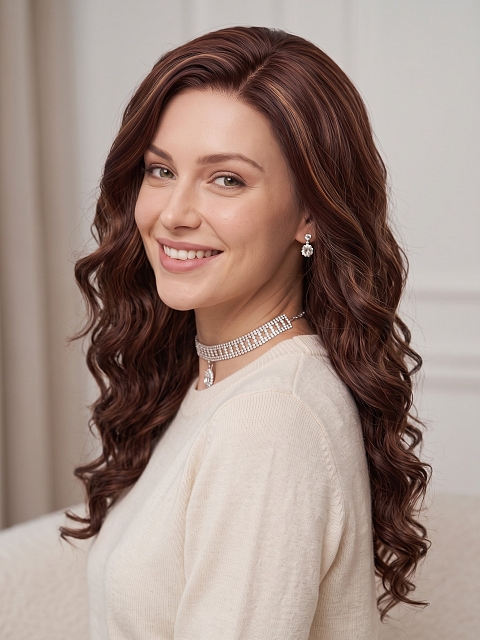 Glamvigor Hybrillia Blend Human Hair Vibrant Medium Red and Auburn blend loose wavy layered Lace Part Wig GLP026